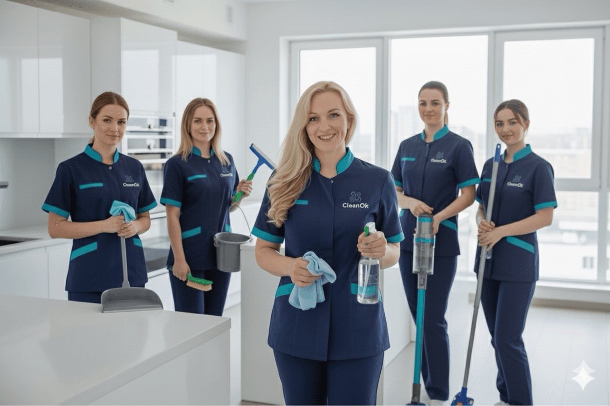 CleanOK cleaning team ready for a post-renovation clean in a new bright kitchen
