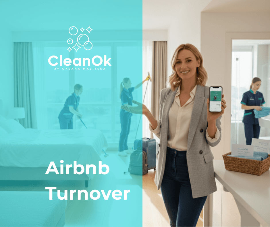 CleanOK Airbnb turnover cleaning: host with a phone while the team prepares the rental