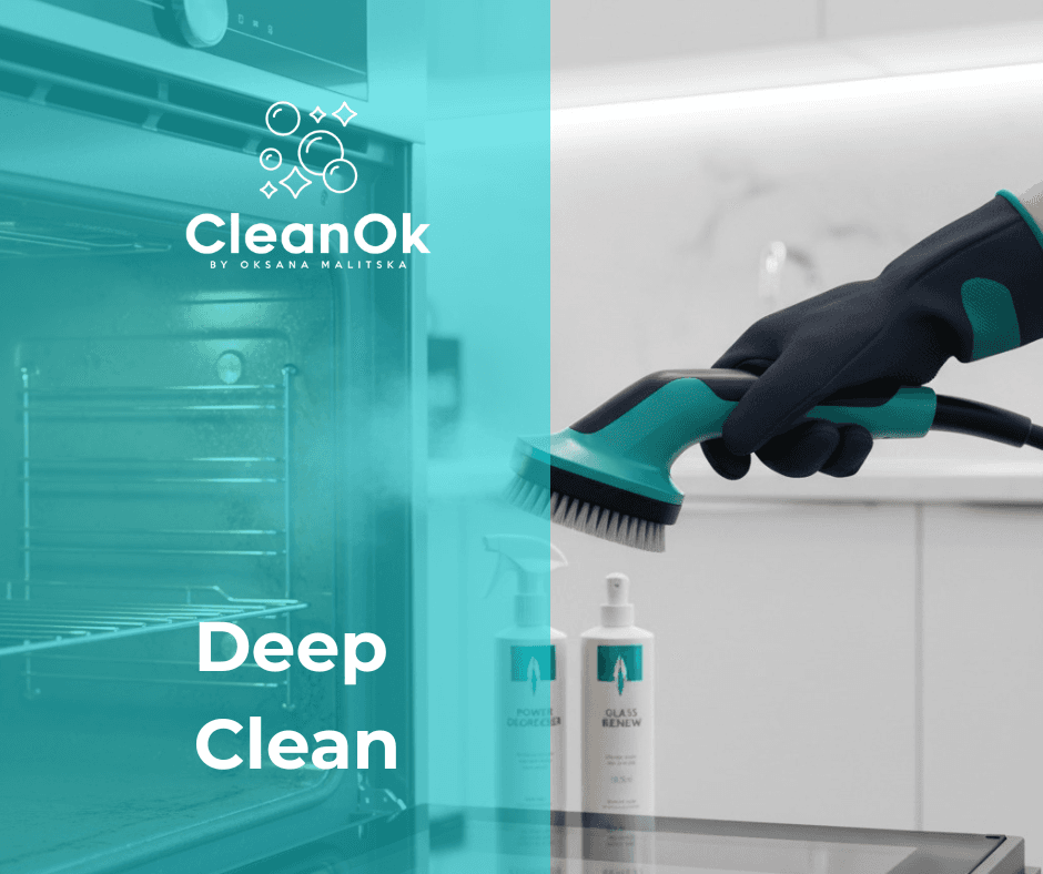 CleanOK deep cleaning: gloved hand scrubbing an oven door with a brush