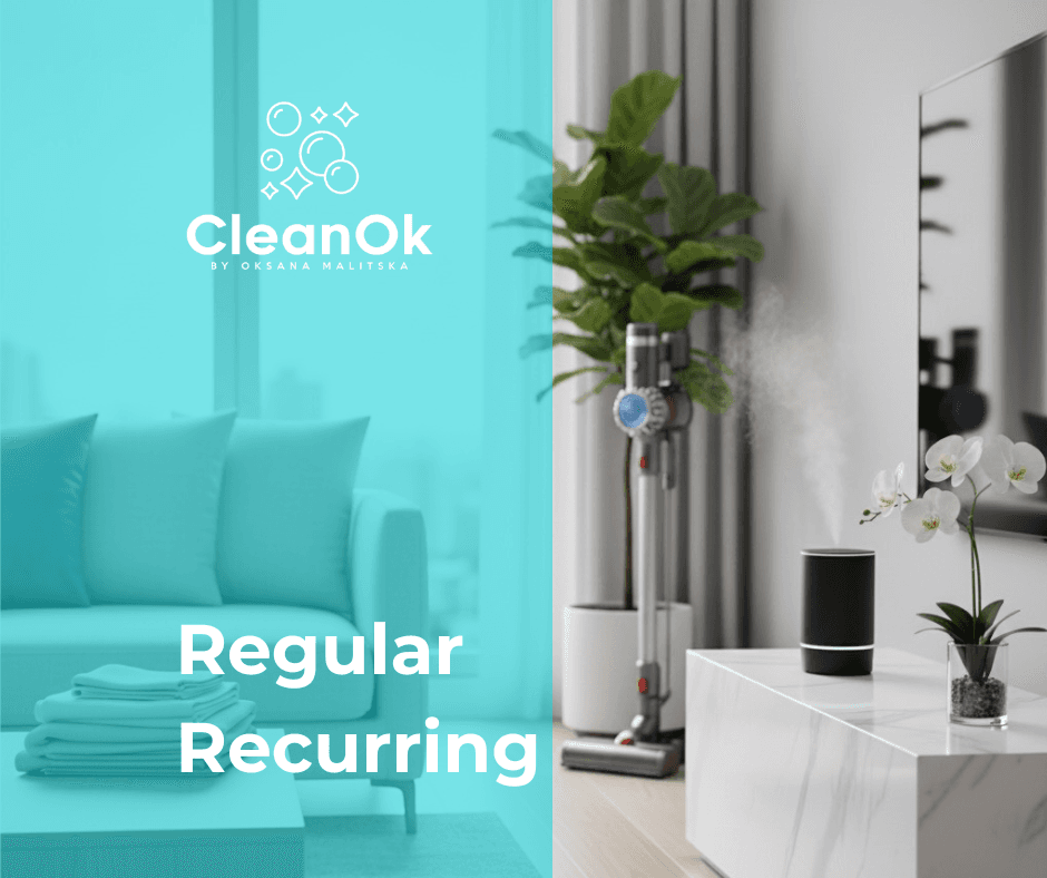 CleanOK regular condo cleaning: tidy bright living room with a cordless vacuum